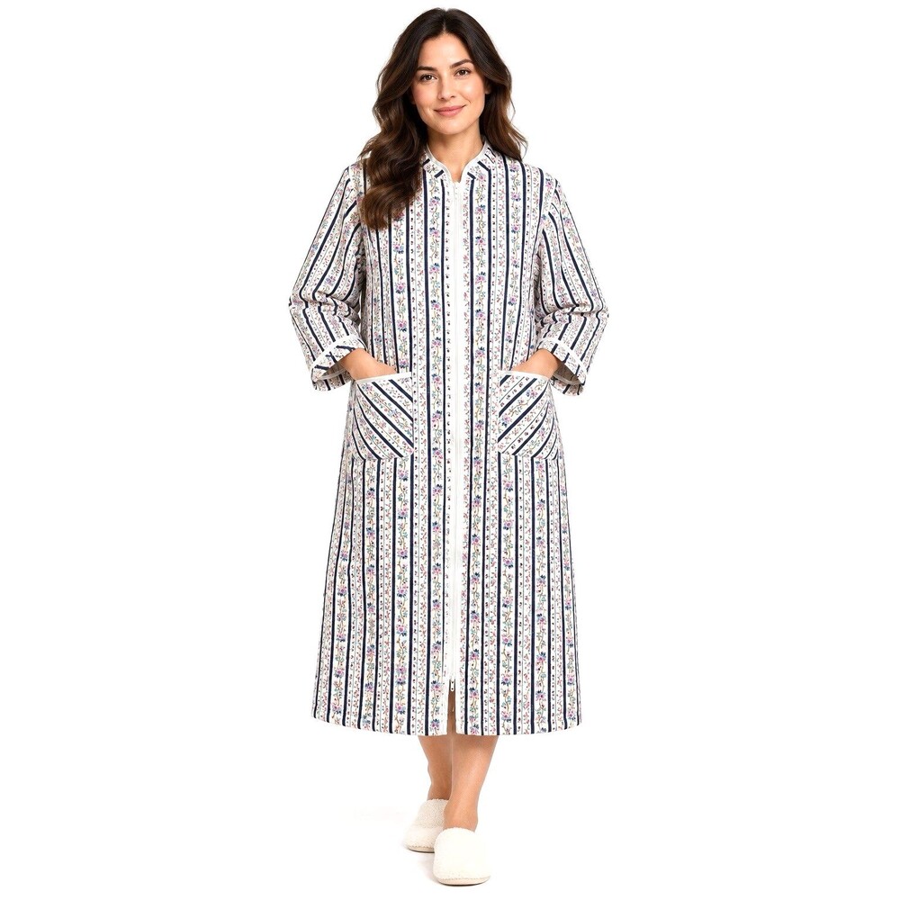 Vintage Lanz of Salzburg Quilted Floral Stripe Zip Front Housecoat Robe L XL
